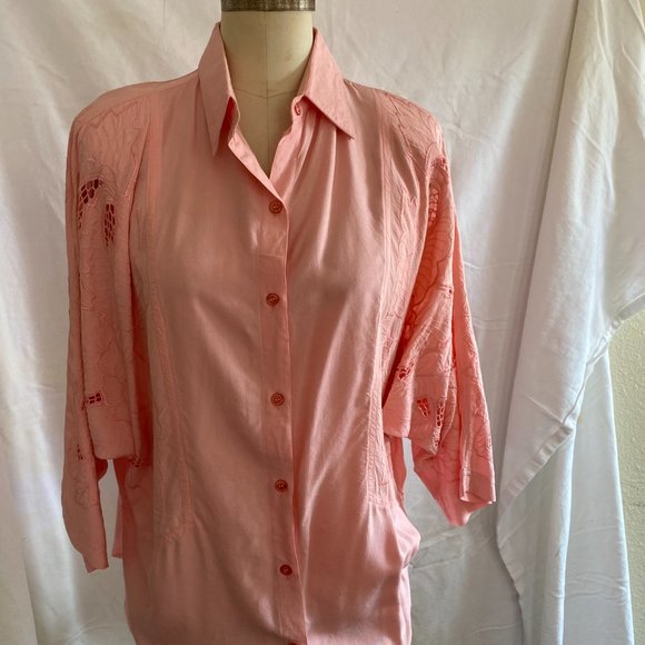 Vintage 80s Peach Long Sleeve Dolman Button Down Tunic, sz. M - Picture 3 of 10